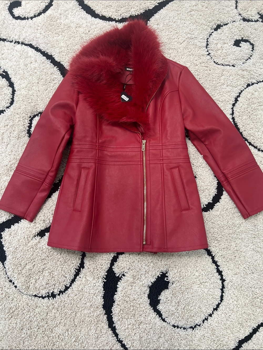 Fashion Nova Red Faux Leather Jacket with Fur Collar